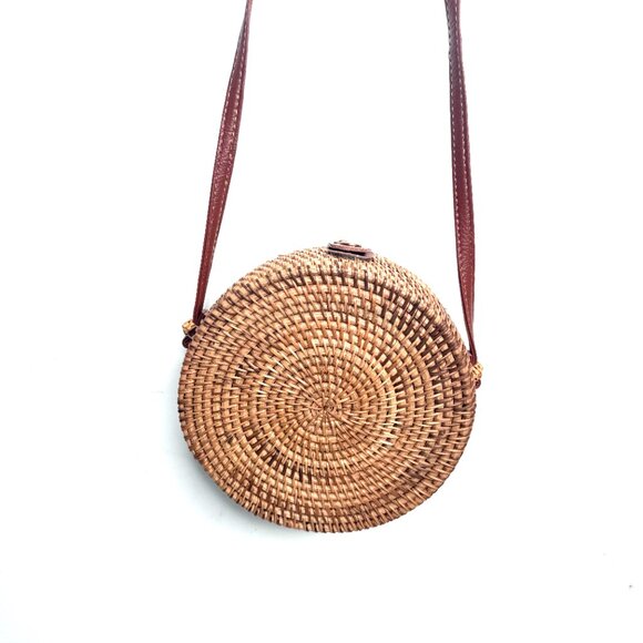 Round Woven Straw Raffia Faux Leather Strap Floral Lined Crossbody Bag Brown - Picture 2 of 4